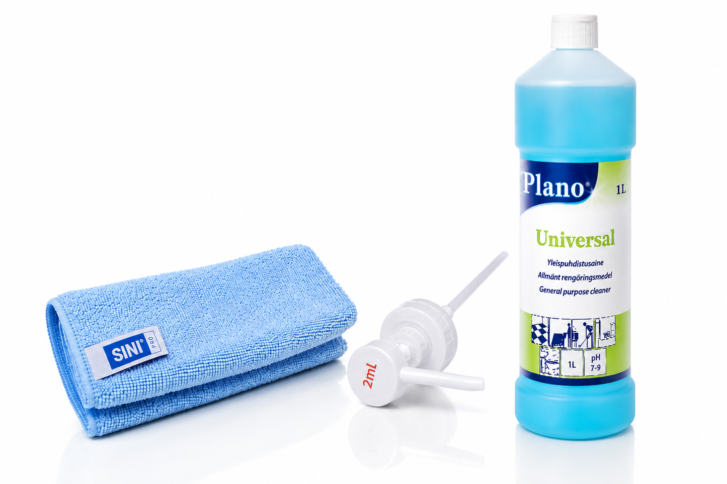Tuotepaketti, Plano universal yleispesuaine 1L, annostelupumppu 2ml ja Sini Pro mikrokuituliina sininen 30cm x 30cm
