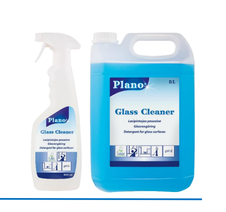 Plano Glass Cleaner 500 ml:n suihkepullo ja 5 litran kanisteri, vaihtoehtoiset pakkauskoot