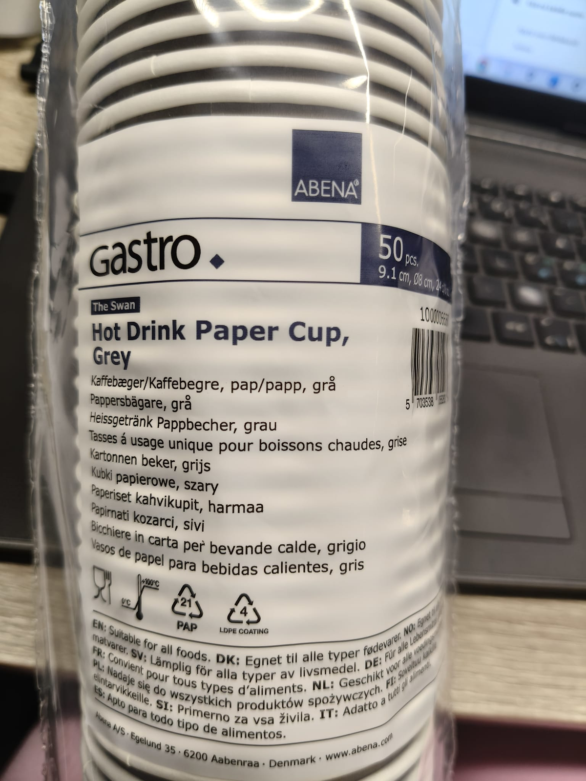 ABENA-kahvimukien pakkausmerkinnät ja materiaalitiedot